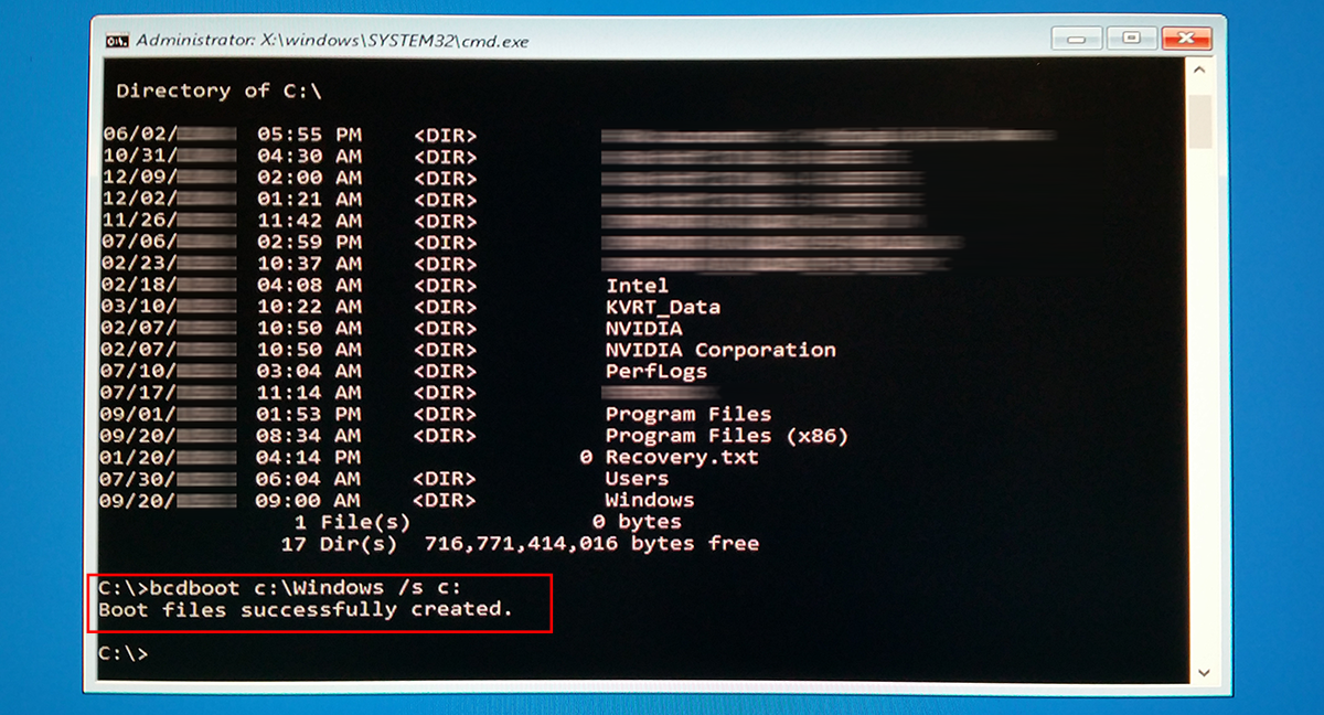 Repairing Windows 10: boot files successfully created