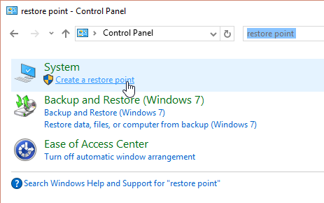 Windows 10: create a restore point