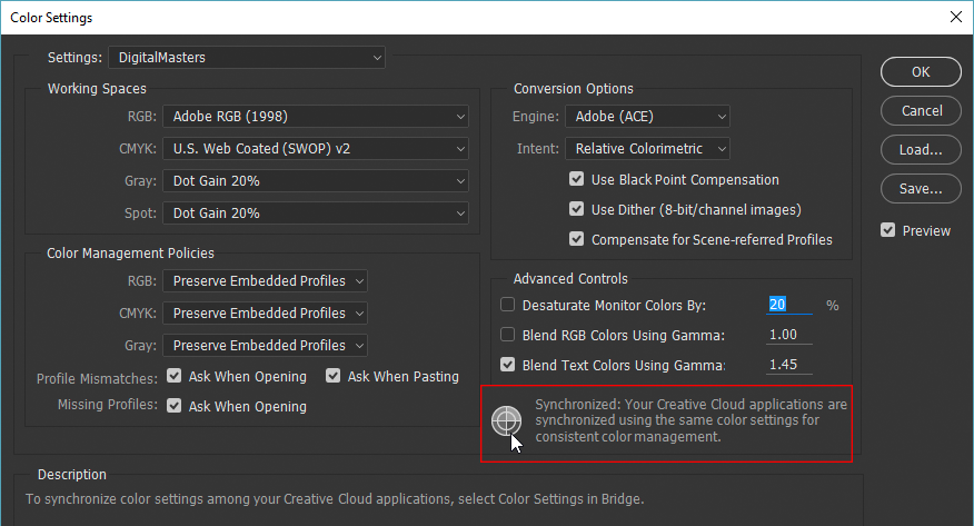 Verifying that Bridge has synchronized color settings with Photoshop CC 