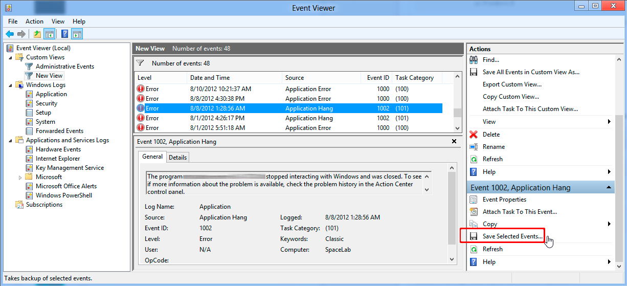 Saving Log Files on Windows 8: Application Hang in the Event Viewer