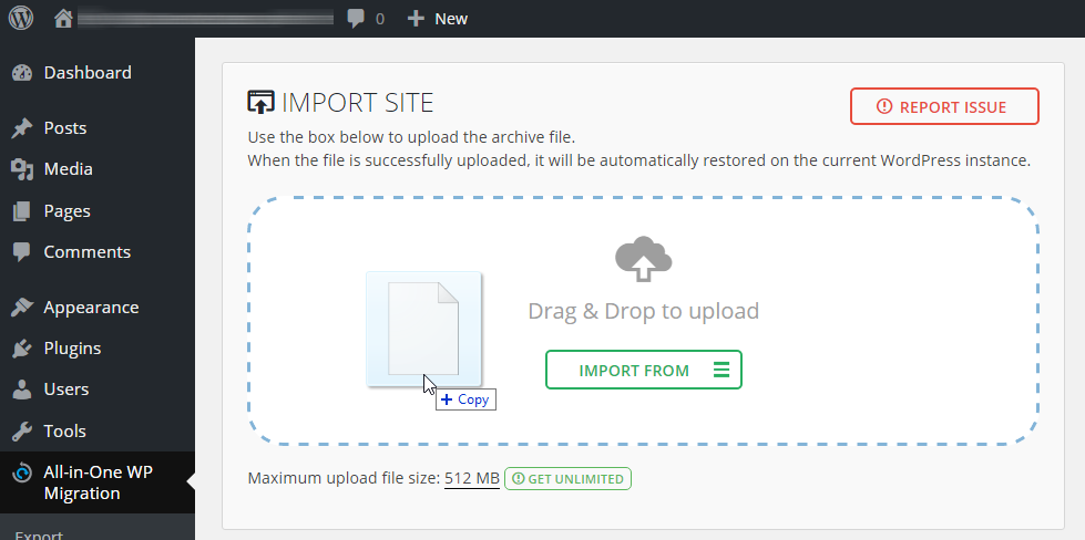 Importing a site backup using the site migration feature of All-in-One WP Migration