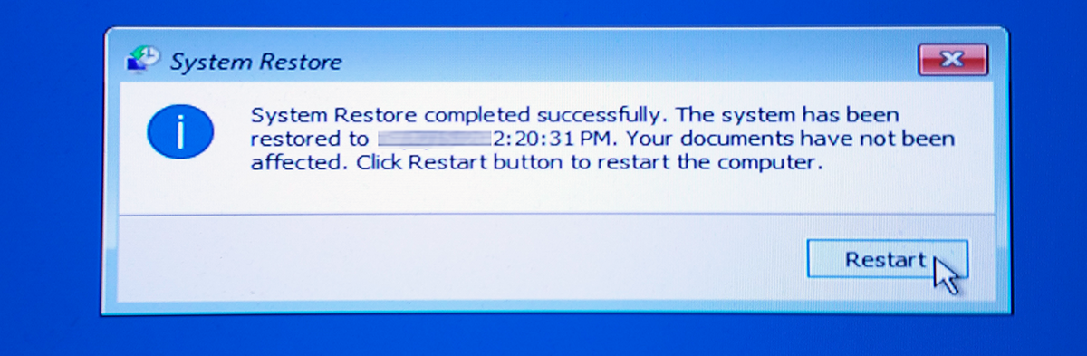 Windows 10 successfully restored to a previously created restore point