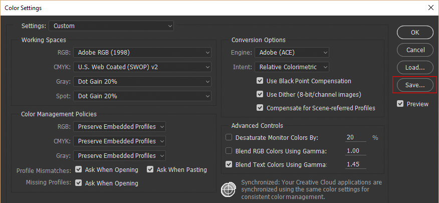 Saving custom color settings in Photoshop CC