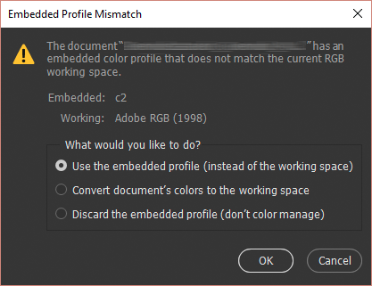 Handling profile mismatches when opening a file in Photoshop CC