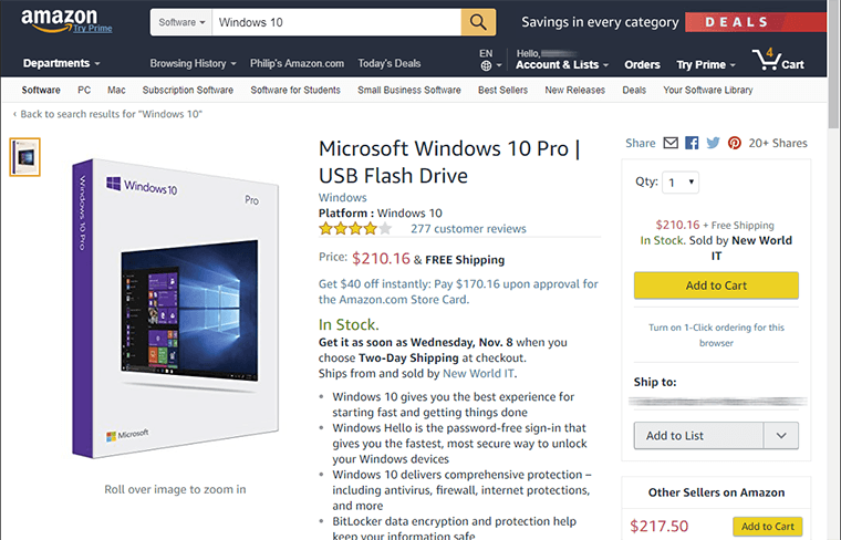Retail edition of Windows 10 Pro priced at $200+ at Amazon.com