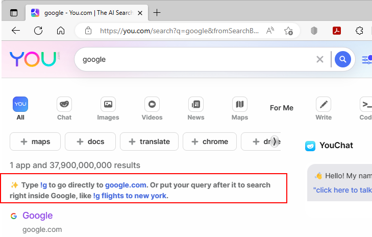 Google search on you.com